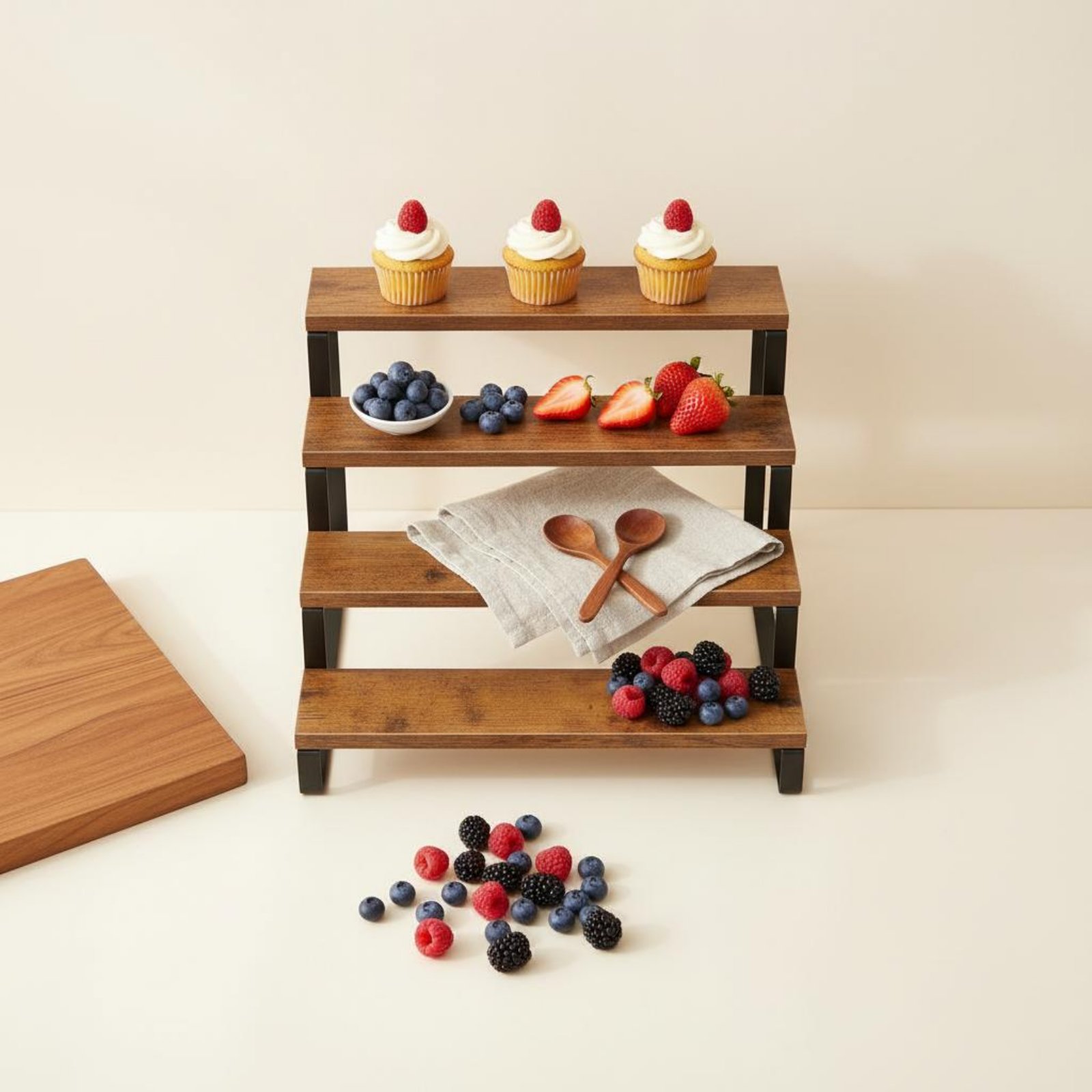 Display Risers Set - 4 Katlı Ahşap Tatlı Standı, Yer